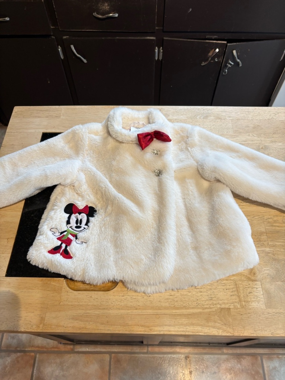 Disney White Faux Fur Minnie Pea Coat with Red Bow Accent